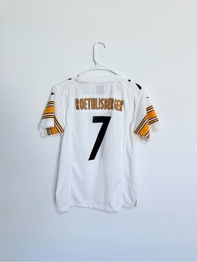 NFL Pittsburgh Steelers Ben Roethlisberger #7 White and Gold Jersey Stitched Log